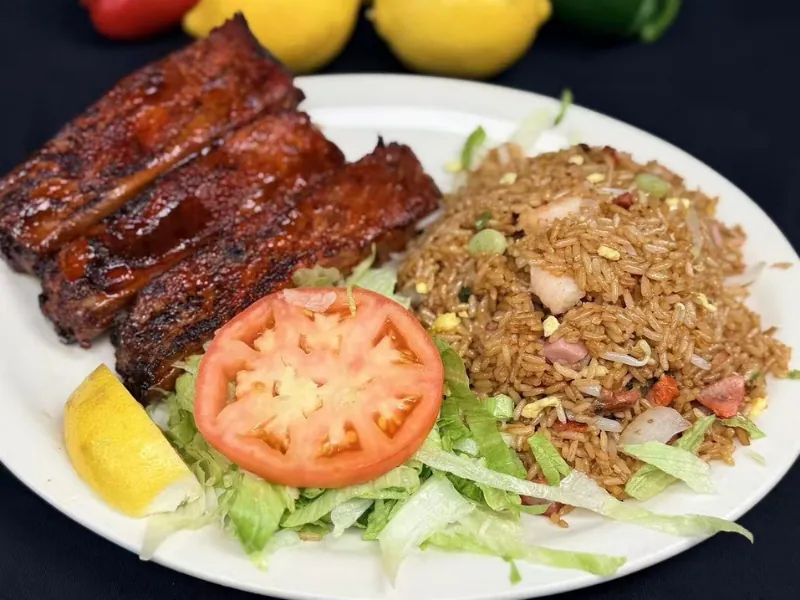 Glazed ribs, fried rice and salad at La Caridad 72, a Asian Restaurant in New York